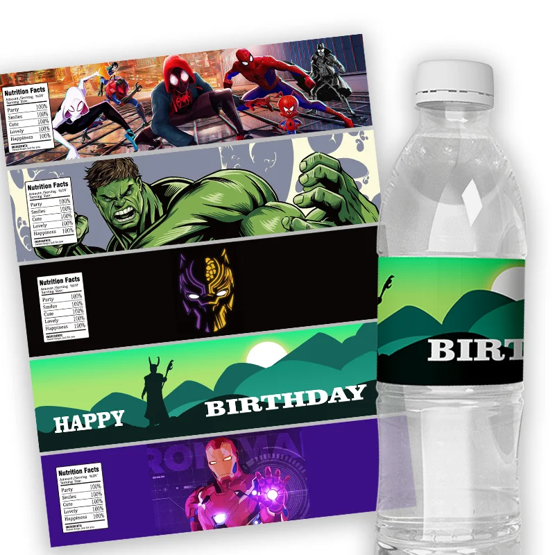 24pcs Cusomize Spider Man Black Panther Hulk Water Bottle Label Sticker Kids Baby Shower Birthday Party Bottle Wraps Decoration