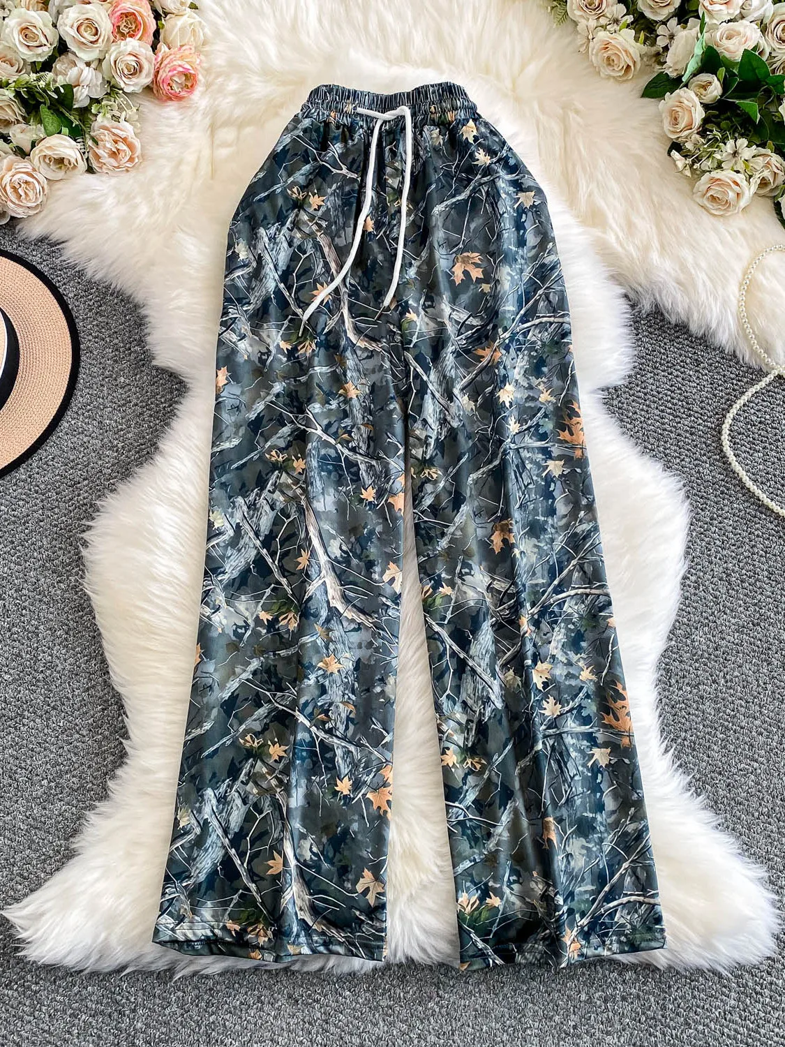 

Ретро-китайские брюки с высокой талией и широкими штанинами, женские модные повседневные брюки с принтом, прямого кроя, стройнящие, для осеннего сезона