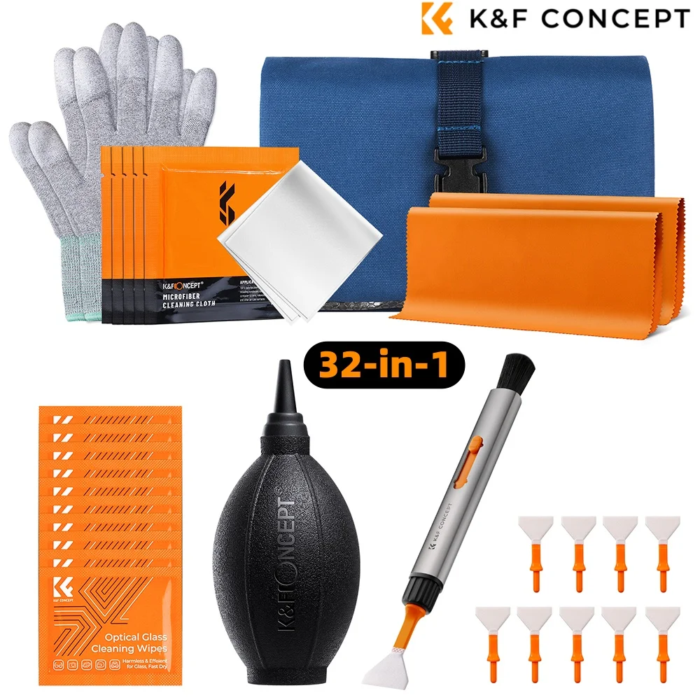 

K&F Concept 32-in-1 Camera Lens Cleaning Kit with Cleaning Lens Pen Sensor Cleaner Swabs Air Blower Cleaning Cloth Wipes Gloves