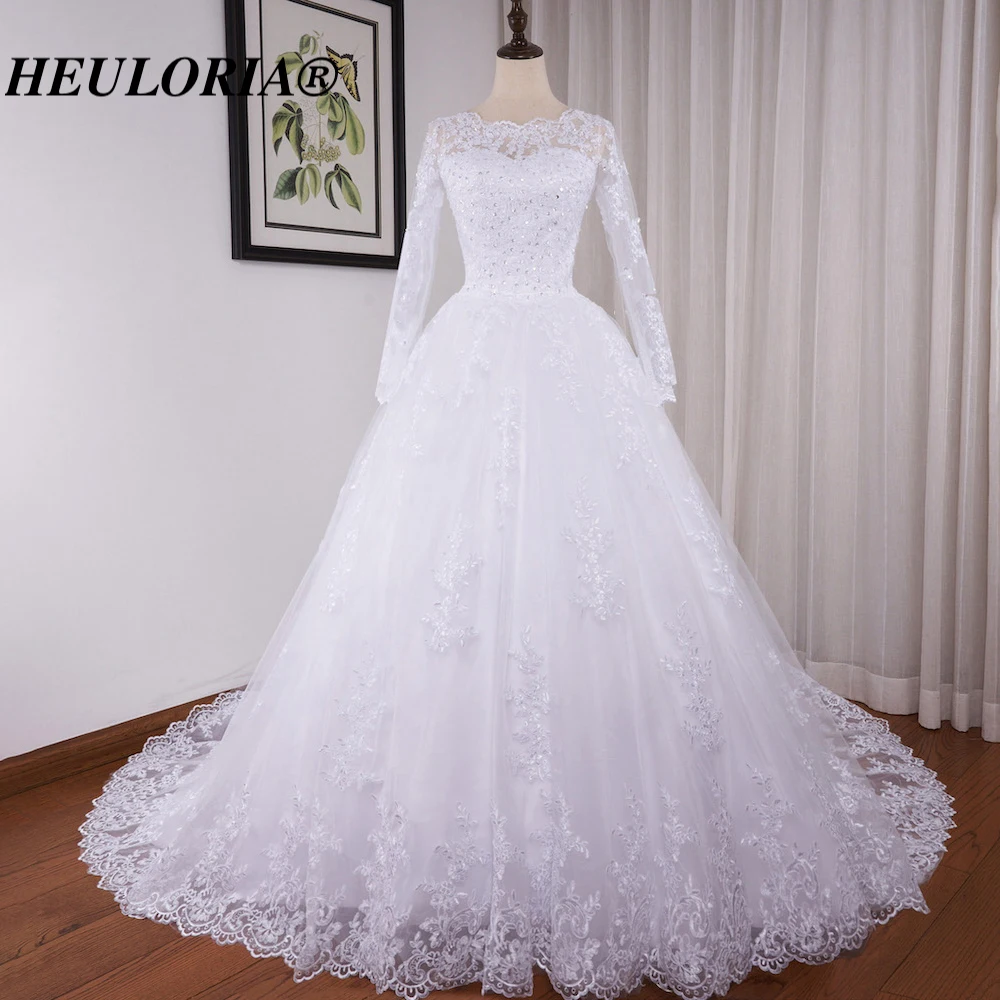 HEULORIA Princess Ball Gown Wedding Dress long sleeve bride dress O neck plus size robe de mariee Lace beading Bridal Gown