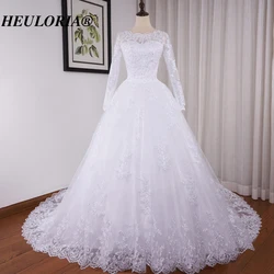 Heiloria-vestido de novia de manga larga con cuentas de encaje, traje de princesa, cuello redondo, talla grande