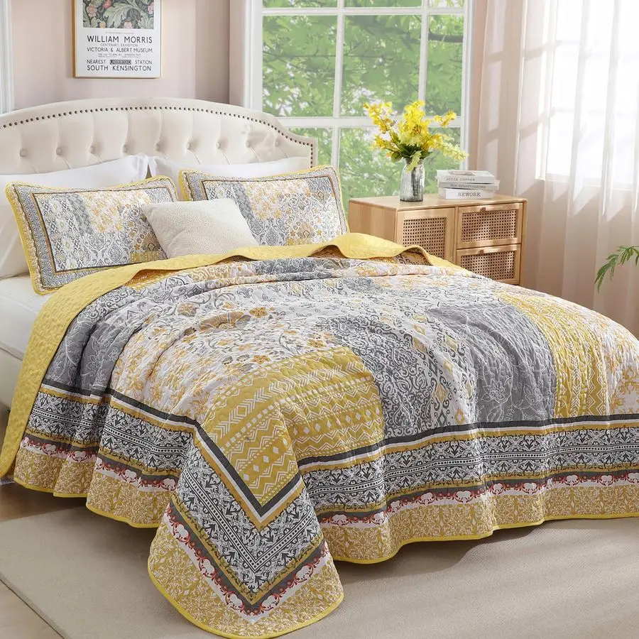 

Желтый комплект постельного белья (фулл), богемный пэчворк, двусторонний, с цветочным узором в стиле бохо, покрывало-плед для кровати