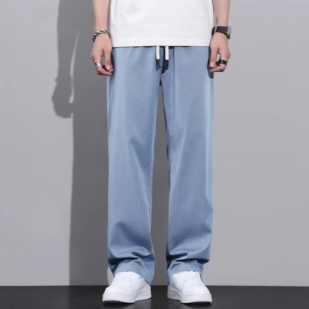 

Men Summer Jeans Versatile Men's Denim Pants Elastic Waist Adjustable Drawstring Wide Leg Jeans with Pockets Stylish Comfortable