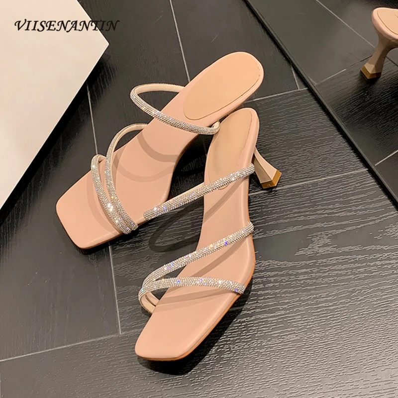 

New Style Fashion Women Slippers Square Toe Thin High Heel Summer Shoes Crystal Decor Narrow Band Design Elegant Females Slides