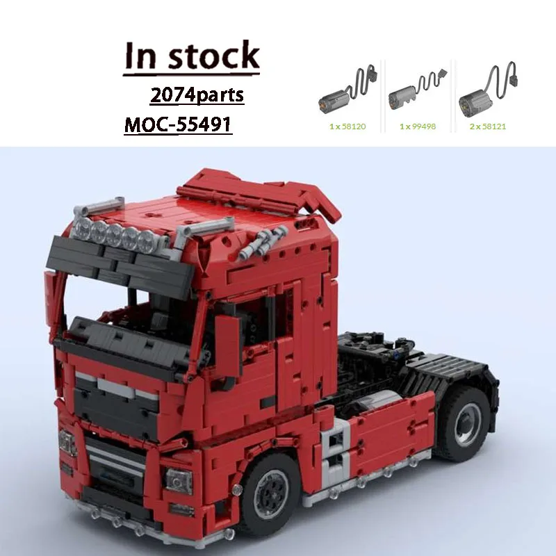 

MOC-55491 New Red Remote Control Semi-Truck Building Block Model 2074 Parts Creative Birthday Toy Gift for Boys and Children