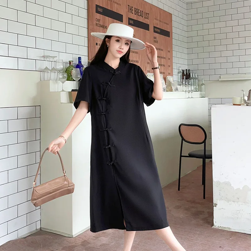 150Kg Plus Size Women's Bust 154 Summer Chinese Retro Republican Style Dress Slim Improvement Qipao Black 5XL 6XL 7XL 8XL 9XL