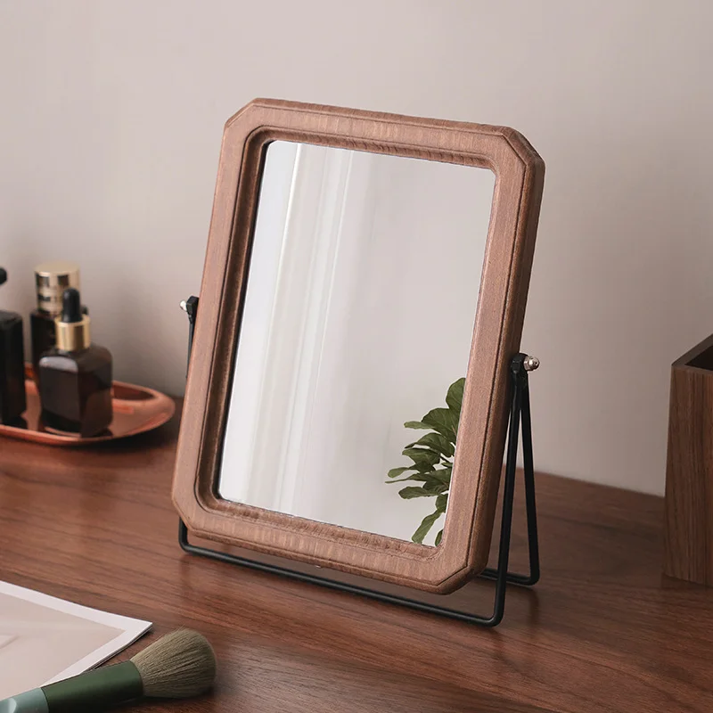 Minimalist Desktop Vanity Mirror - Reversible Wooden Makeup Mirror with Flip Design, Retro Style for Bedroom & Dressing Table