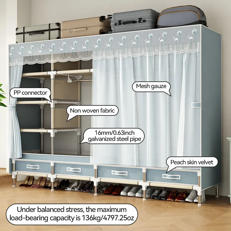fabric wardrobe, large capacity wardrobe, portable clothes organizer, multi-layer closet, storage wardrobe for dorm