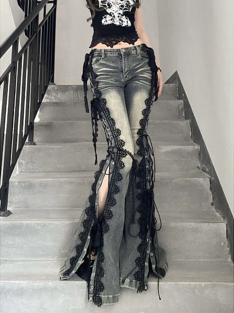 

Retro Eyelets Lace Up Flare Jeans Stitch Lace Whiskers Slim Low Rise Split Bootcut Pants Women Bell Bottoms Streetwear