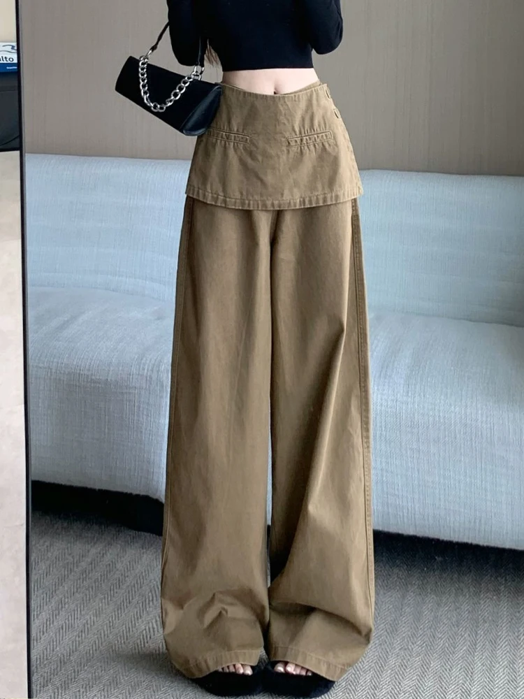 

Retro khaki jeans women's autumn fake two piece fart curtain high waist versatile casual straight leg wide leg pants