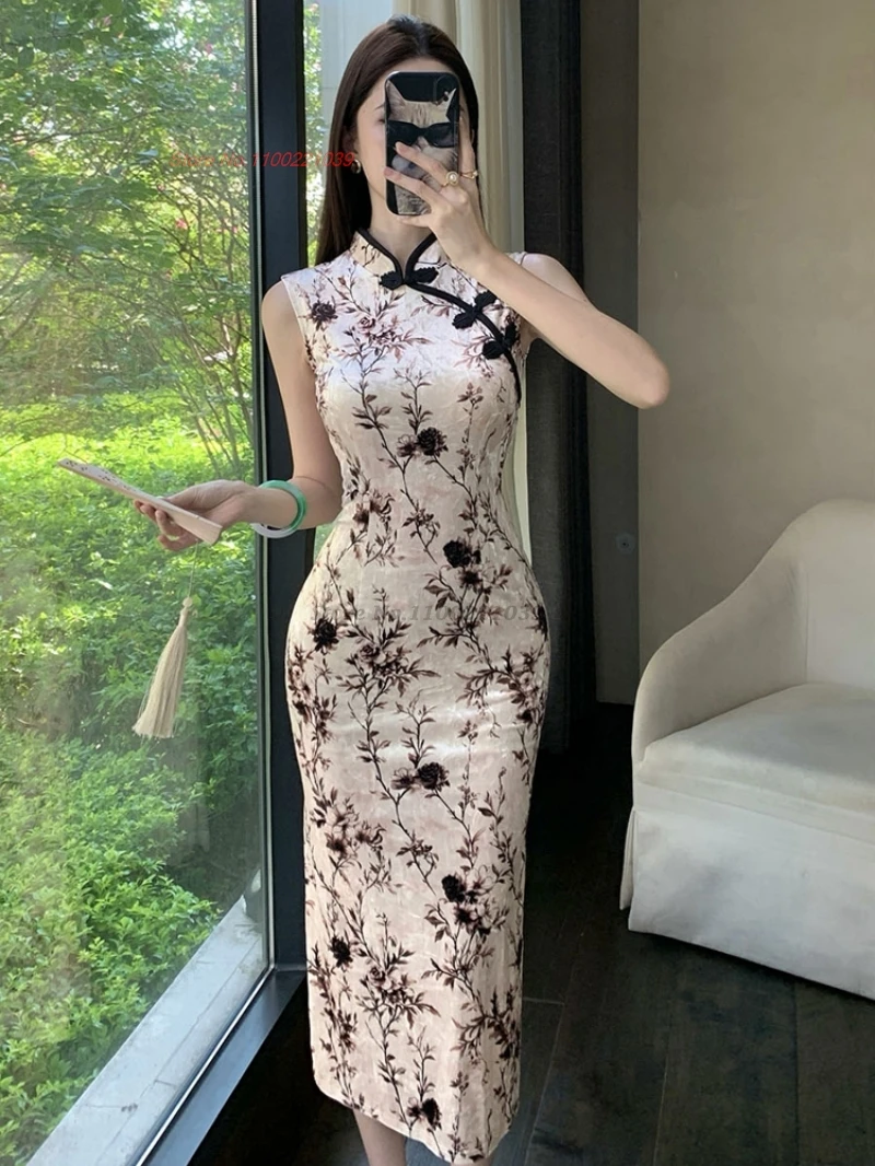 

2025 chinese sexy nightclub dress improved cheongsam traditional flower print velvet qipao dress retro evening banquet dress