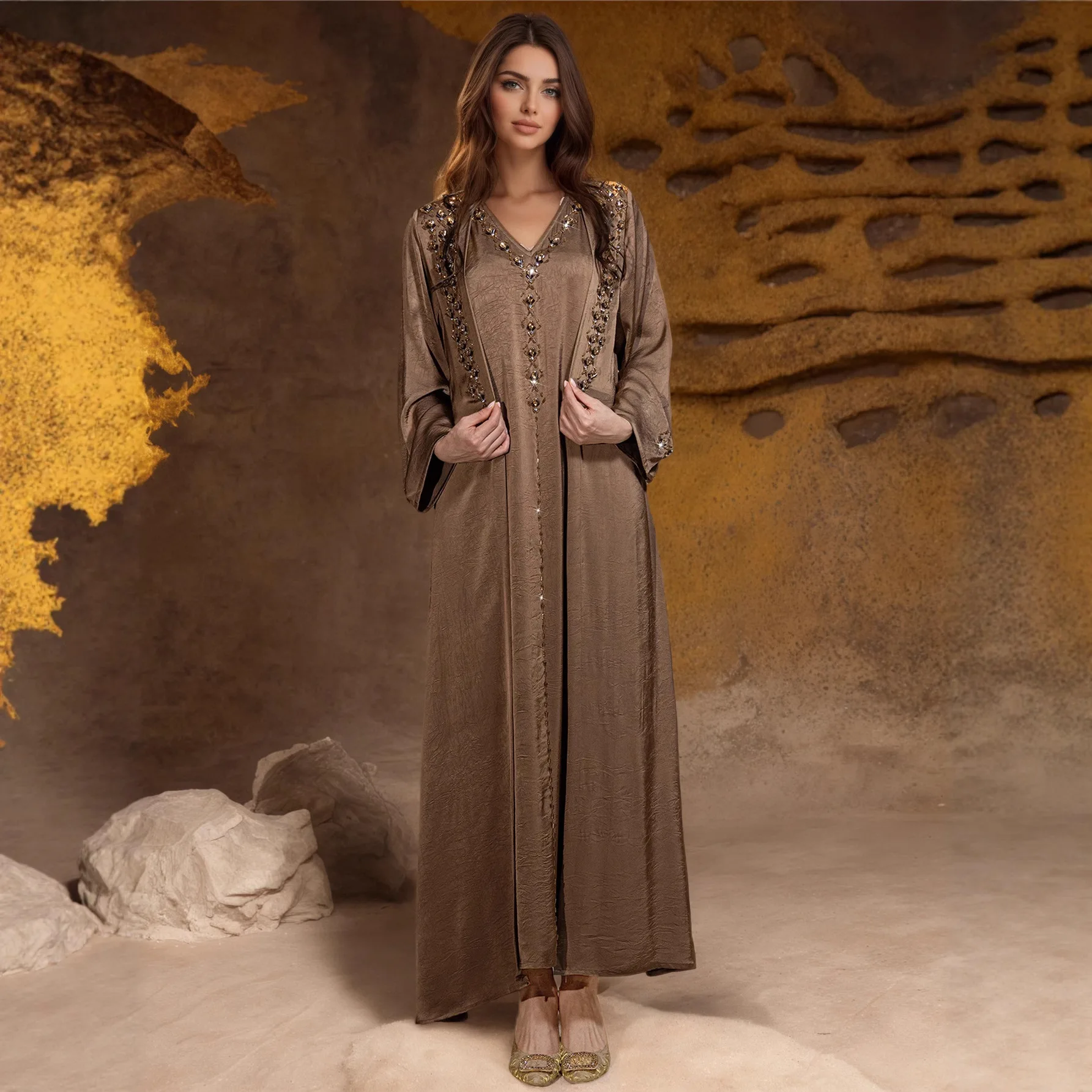

Women 2pc Muslim Set Hand-Sewn Diamond Abaya+Dress Jilbab Kebaya Evening Abayas 2 Piece Set Kaftan Robe Kimono Eid Matching Sets