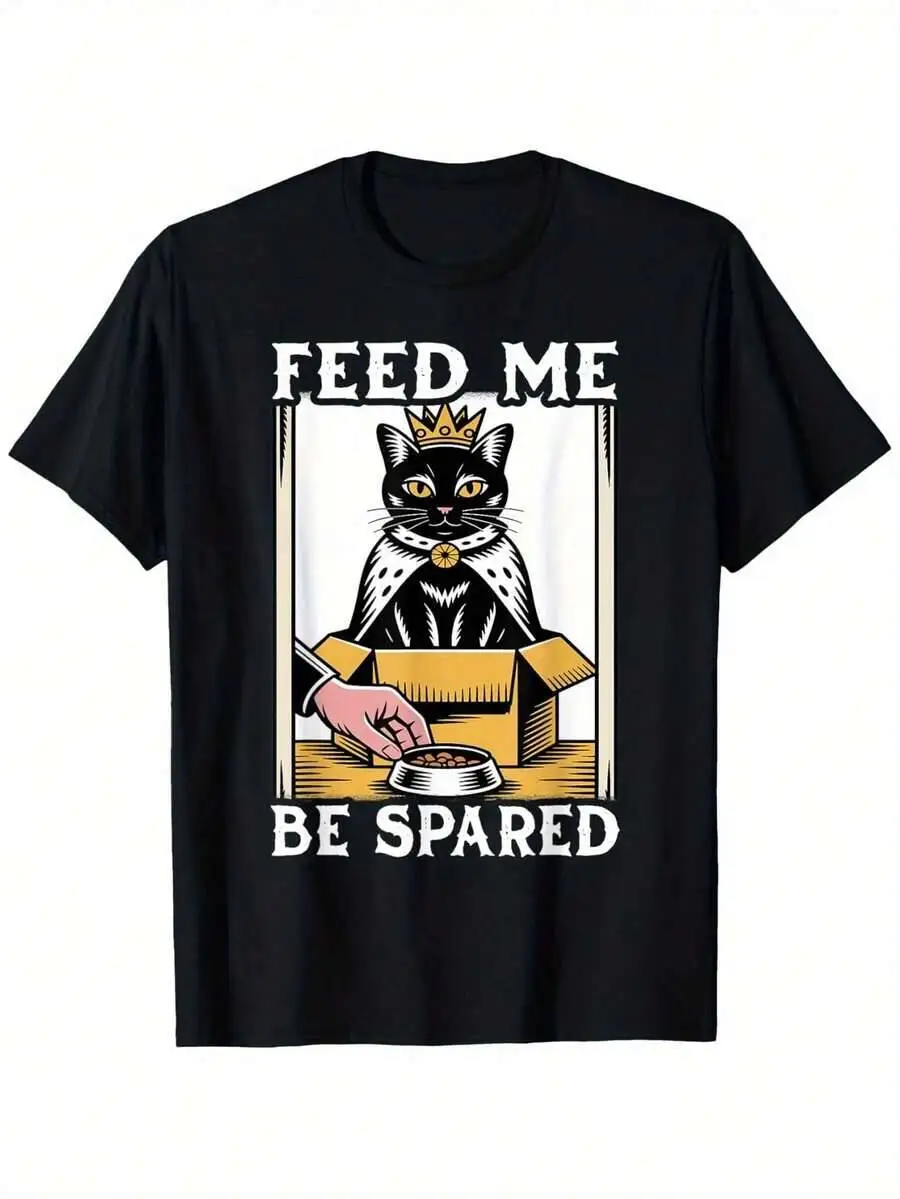 Feed Me Be Spared Crowned Black Cat In Box Printed T-Shirt, Men's Outdoor Sports, Daily Wear, Holiday 100% Cotton Trendy Y2K