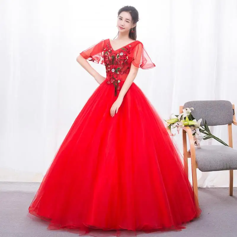 Vestido De quinceañeras rojo, traje clásico con cuello en V, elegante hasta el suelo, encaje Floral, talla grande, hecho a medida