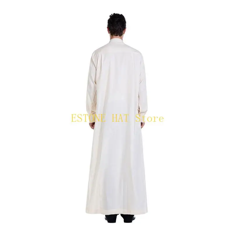 49MF Ramadan Muslim Dress Abayas Dubai Casual Kaftan Robe Islamic Costume with Long Sleeve Stand Collar Thobe Gift for Men