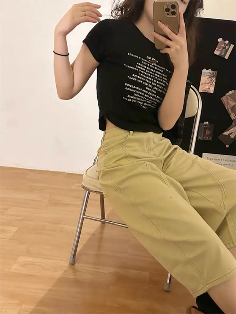 Pantalones vaqueros de pierna recta de cintura alta de color caqui para mujer, novedad de otoño, pantalones vaqueros finos adelgazantes, pantalones vaqueros holgados de calle alta