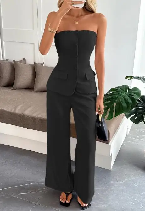 미니멀리스트 스타일 여성 캐미솔 베스트 & 스트레이트 팬츠 세트 2025 가을 겨울 고급 여성 우아한 투피스 의상