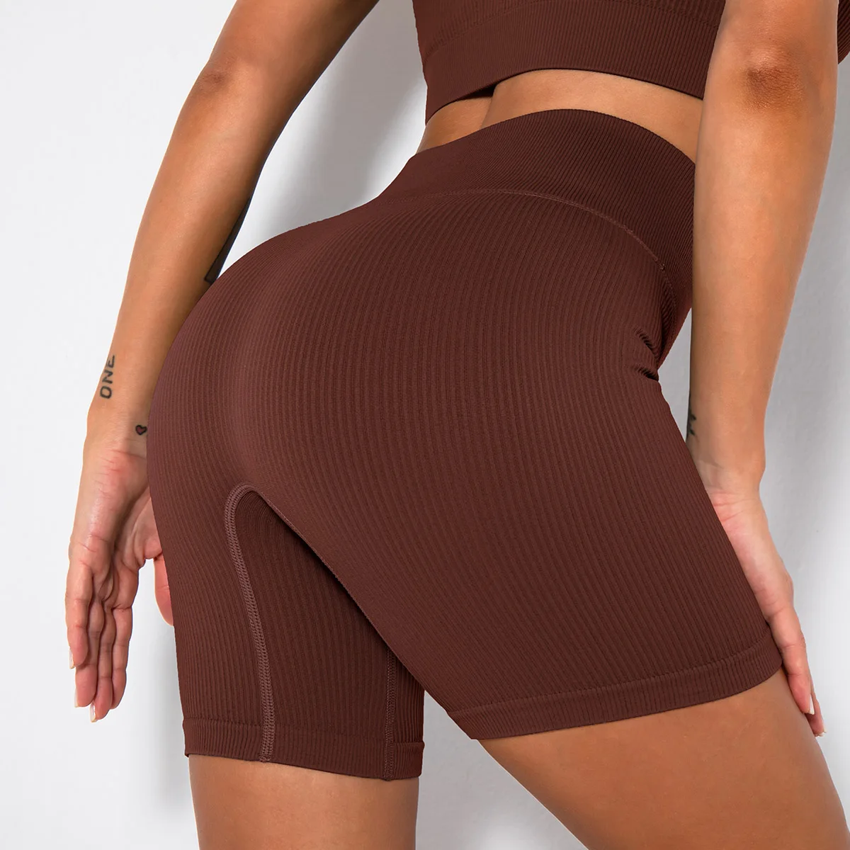 Seamless Ribbed High Waist Tummy Control Yoga Biker Shorts Women\'s High Elastic Softness Tights Gym Fitness Sports Shorts