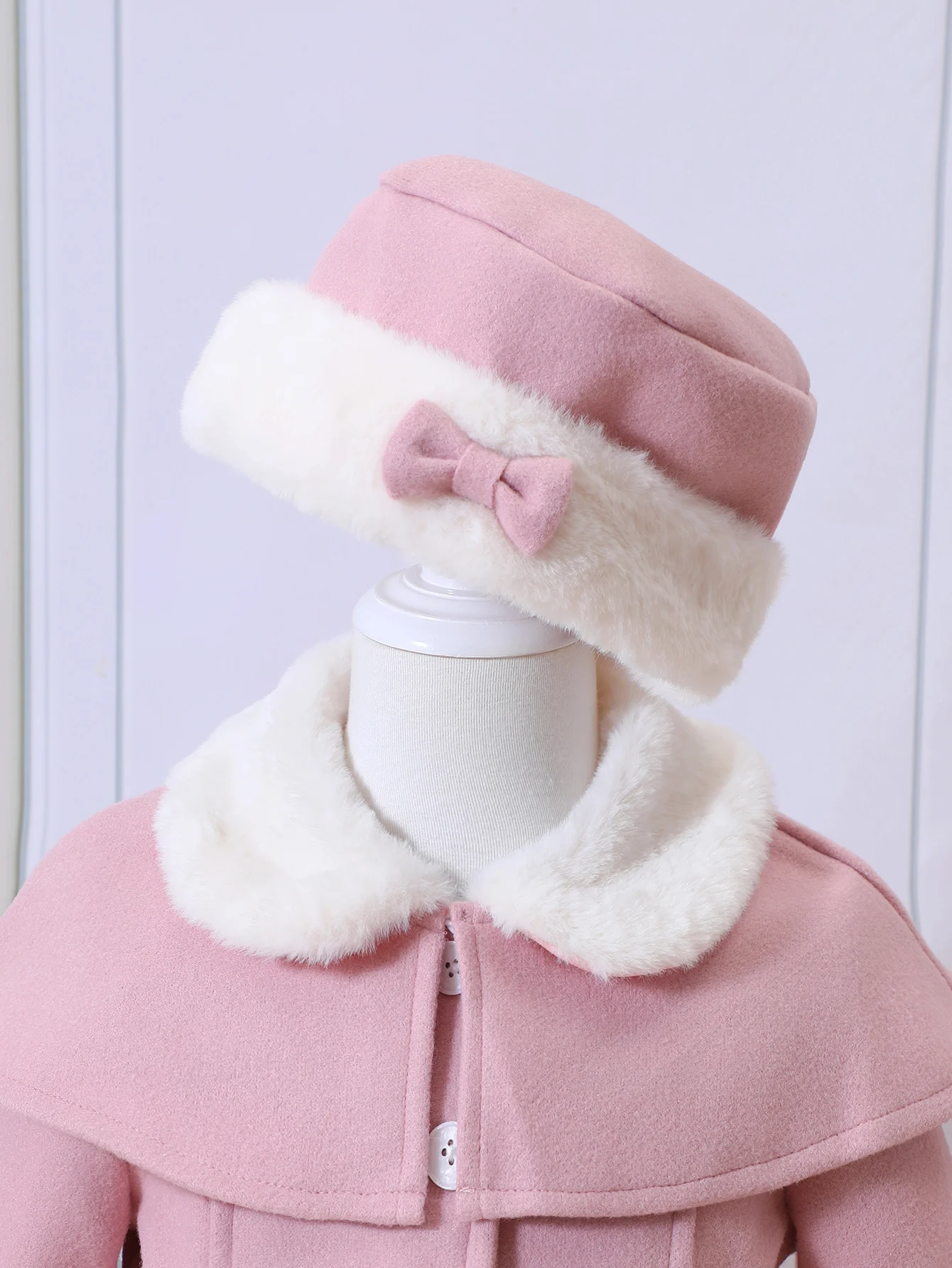 Girls Autumn And Winter New Fashionable Fur Collar Shawl Double Layered Woolen Coat With Bow Hat