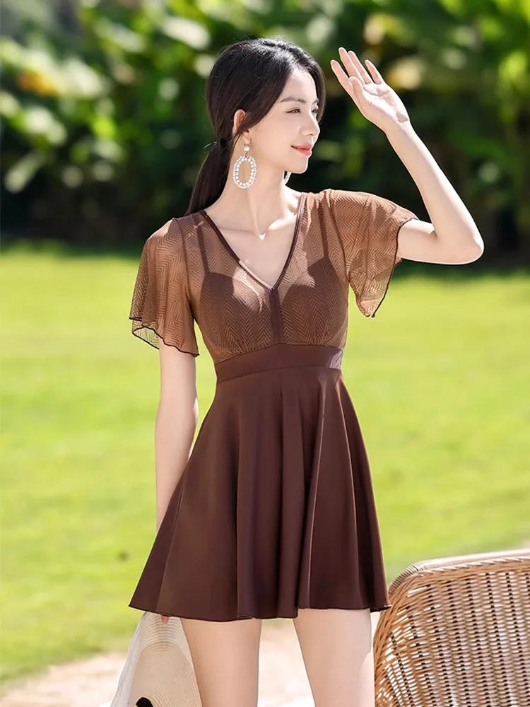 

Conservative plus Size Swimsuit for Plump Girls Thermal Spa Swimwear ort Sve Casual Swimwear with Chest Pad