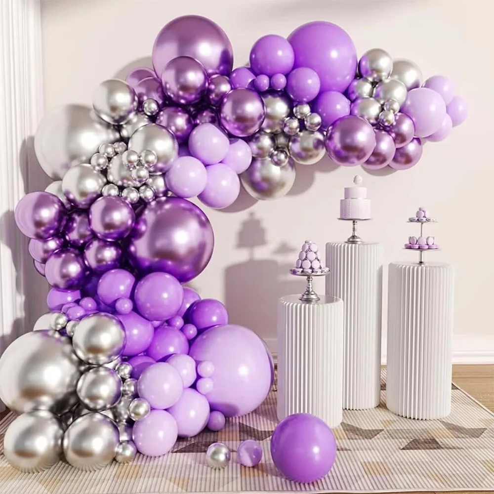 

128pcs Purple Silver Balloon Garland Arch Set Pastel Balloons Birthday Graduation Halloween Party Decorations Mother's Day Party