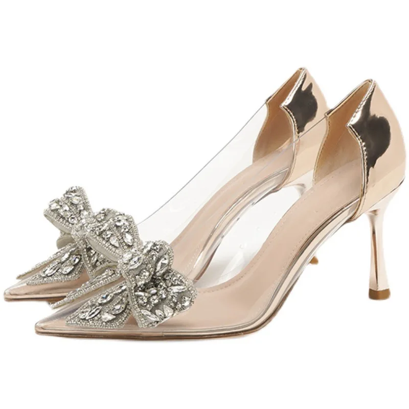 

Summer Pointed Crystal Fairy Ladies Wind Sandals Rhinestone Butterfly-knot Transparent High Heel Women Sandals Fashion Shoes