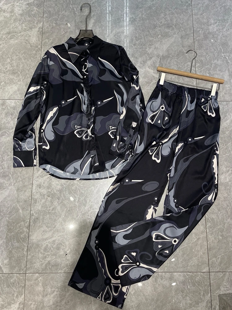 Designer retro geometric printed lapel straight satin shirt two-piece set 2026 autumn women's wear + loose wide-leg pants suit