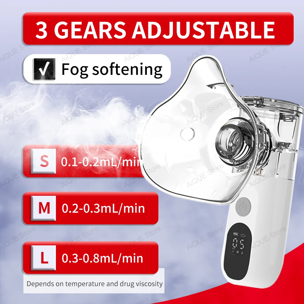 Nebulizador de malha recarregável AiQUE 3,5μm com tela LED Silencioso Portátil Médico Nebulizador Inalador Inalador Atomizador