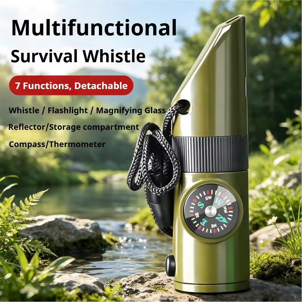 7in1 Multi‑Function Survival Whistle Portable Emergency Tool with Compass Thermometer   for Camping Hiking Outdoor Survival