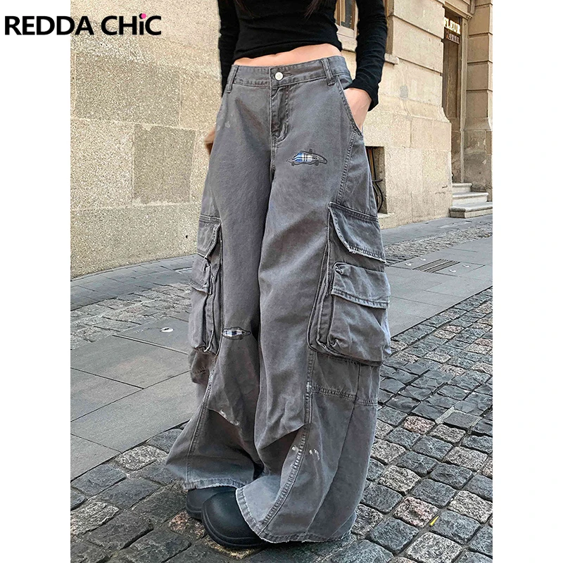 

ReddaChic Plaid Patched Women Cargo Jeans Big Pockets Pleated Vintage Wash Low Waist Straight Wide Leg Jeans Grunge Streetwear