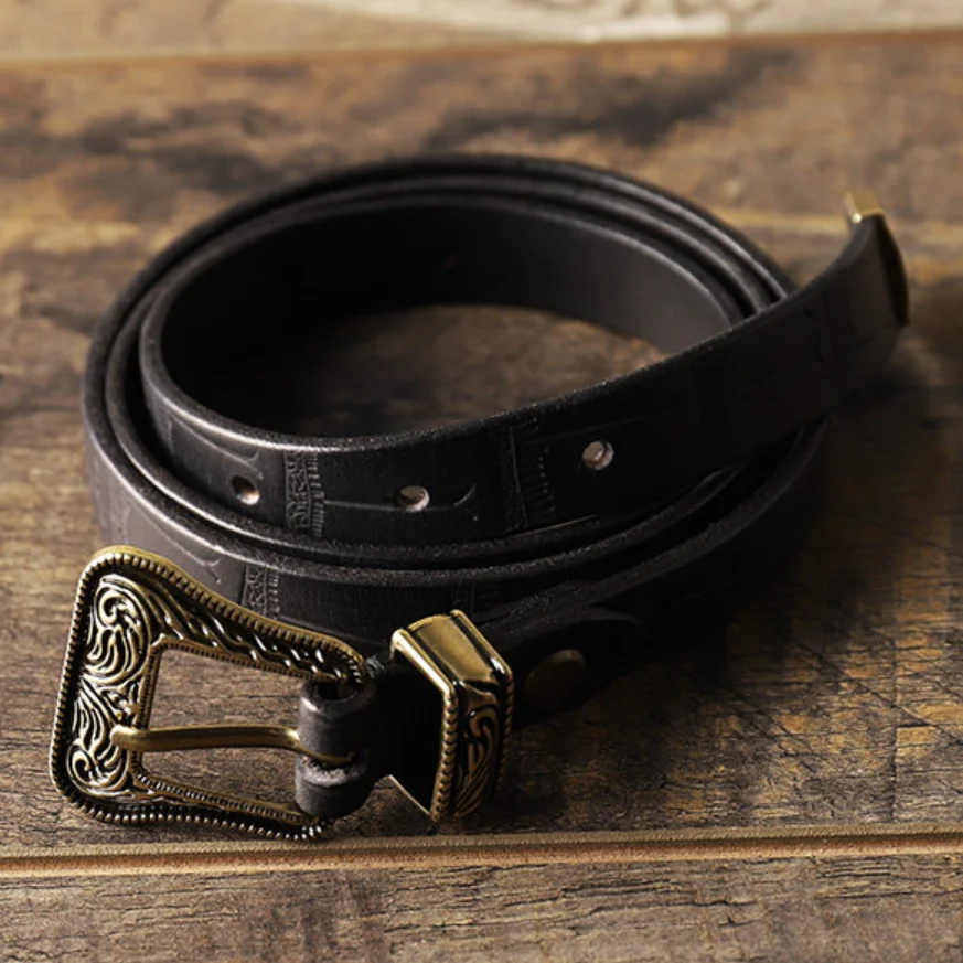 Retro Handmade Western Cowboy Top Layer Leather Belt Unisex 1.8cm Narrow Floral Carved Decorative Genuine Leather Waist Belt