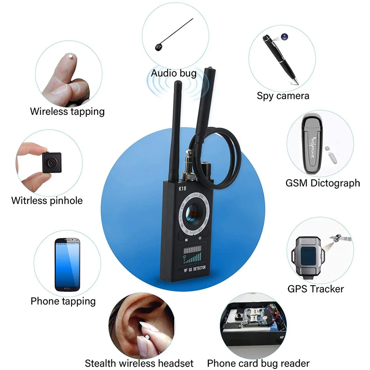 K18 Pro Anti Spy Detector - Hidden Camera Finder, GPS Tracker Detector Bug Sweeper, RF Signal Scanner with Metal Case, 10M Range