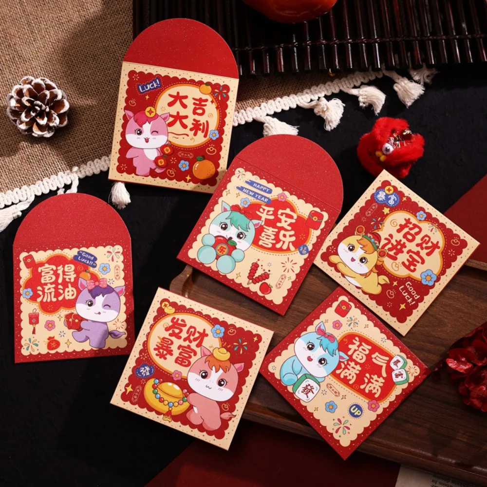 

6Pcs Hongbao Paper 2026 Horse Year Red Envelope Cartoon Chinese Style Lucky Money Bag Mini Blessing Red Pocket Spring Festival