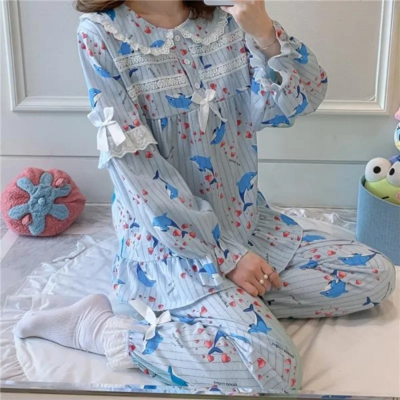 Pijamas de algodón de manga larga para mujer, traje transpirable suelto, cómodo, Top corto, ropa de casa informal, Otoño, 2023