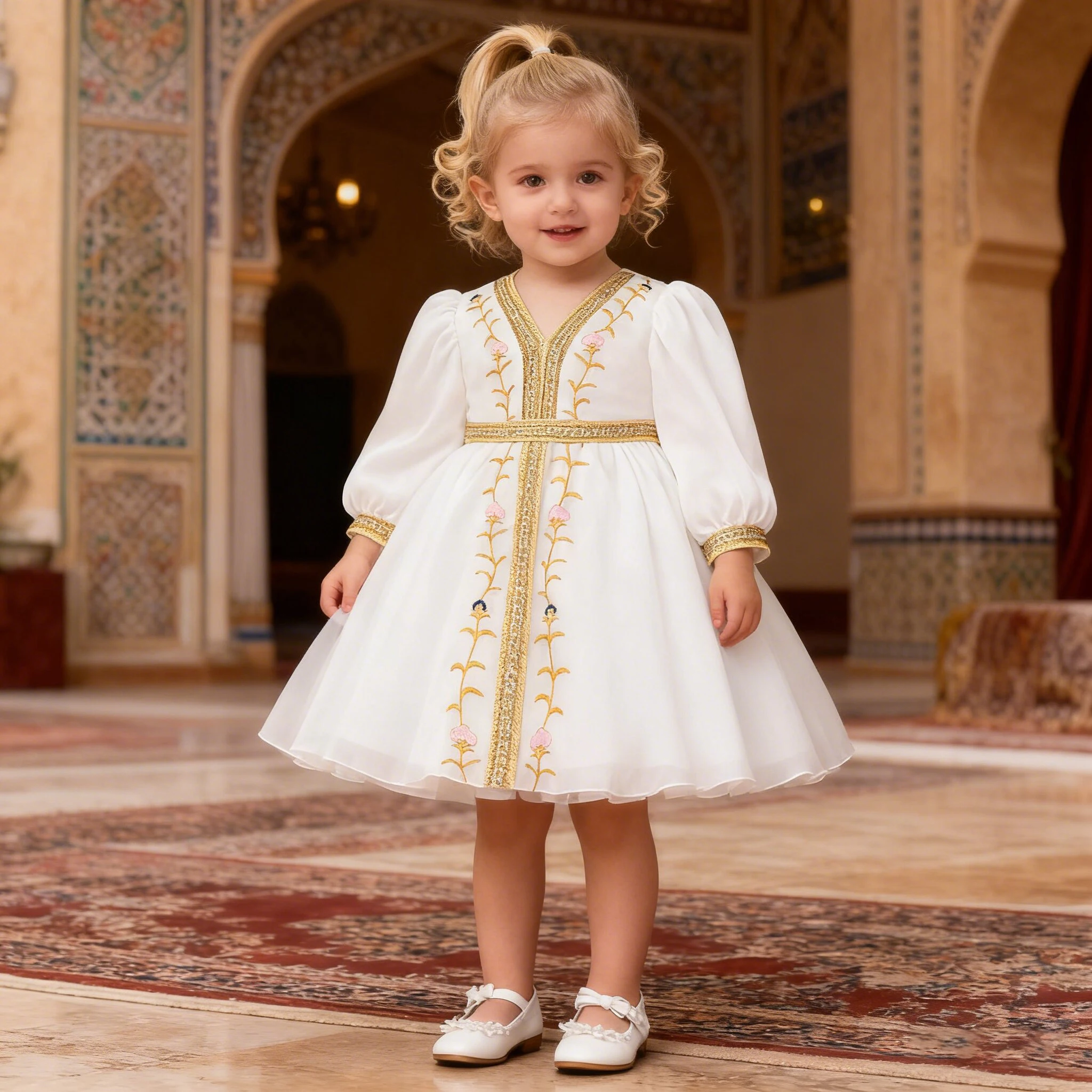 Toddler Ramadan Muslim Prayer Girl Dress Flower Long Sleeve Robe Arab Dubai Eid Enfant Party Princess Dresses for Girl Prom Gown