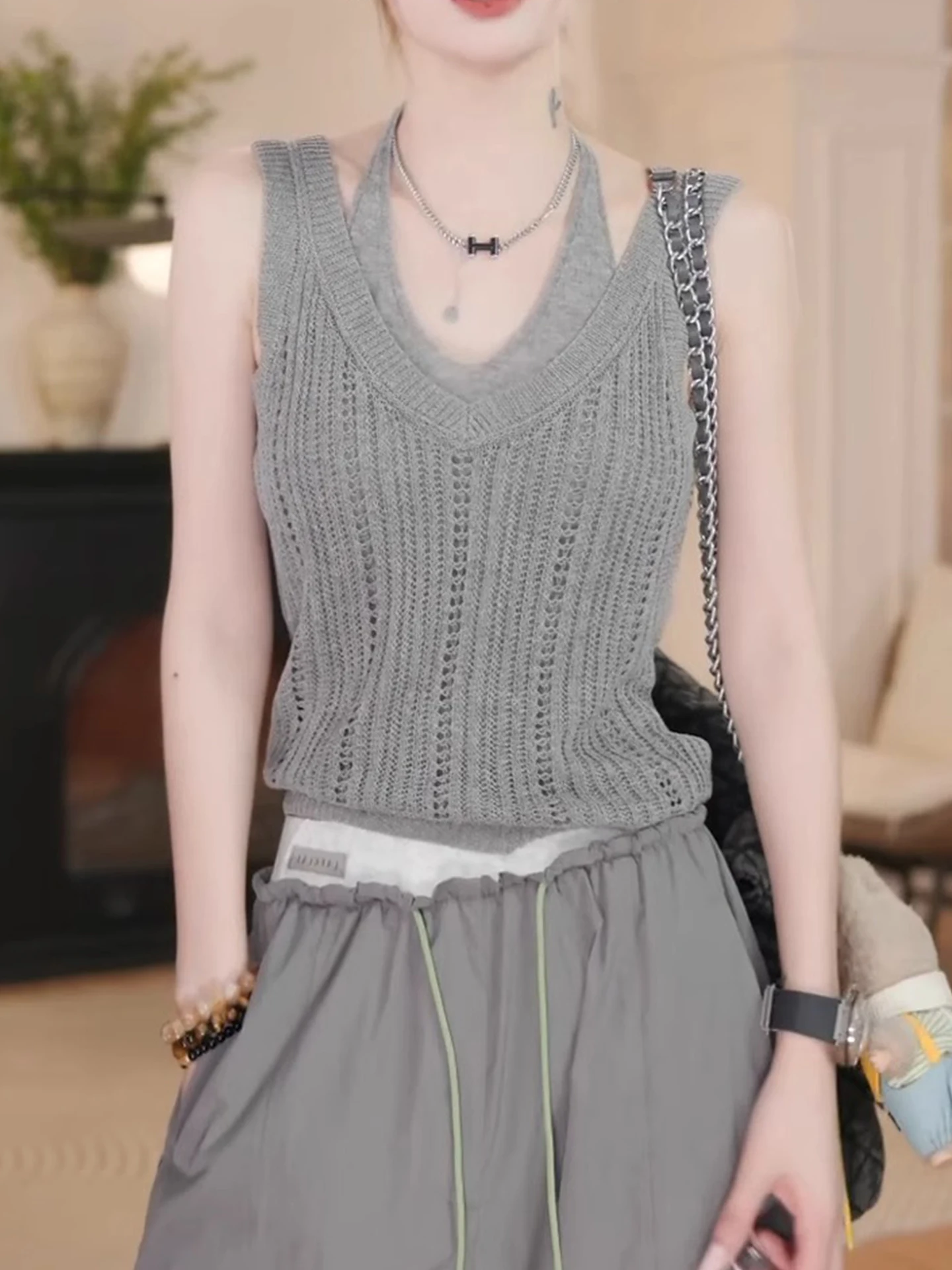 

Цвет Ele, корейский трикотаж с открытыми рукавами, летний новый модный жилет, модный топ с круглым вырезом Ne V-Ne