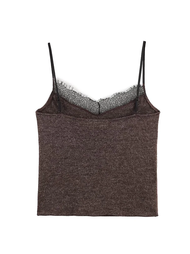 Damska bluzka na ramiączkach z dekoltem w serek, koronkowymi zdobieniami, gładka, krótka, seksowna, bez rękawów, z odkrytymi plecami, idealna na lato, w 2 kolorach.