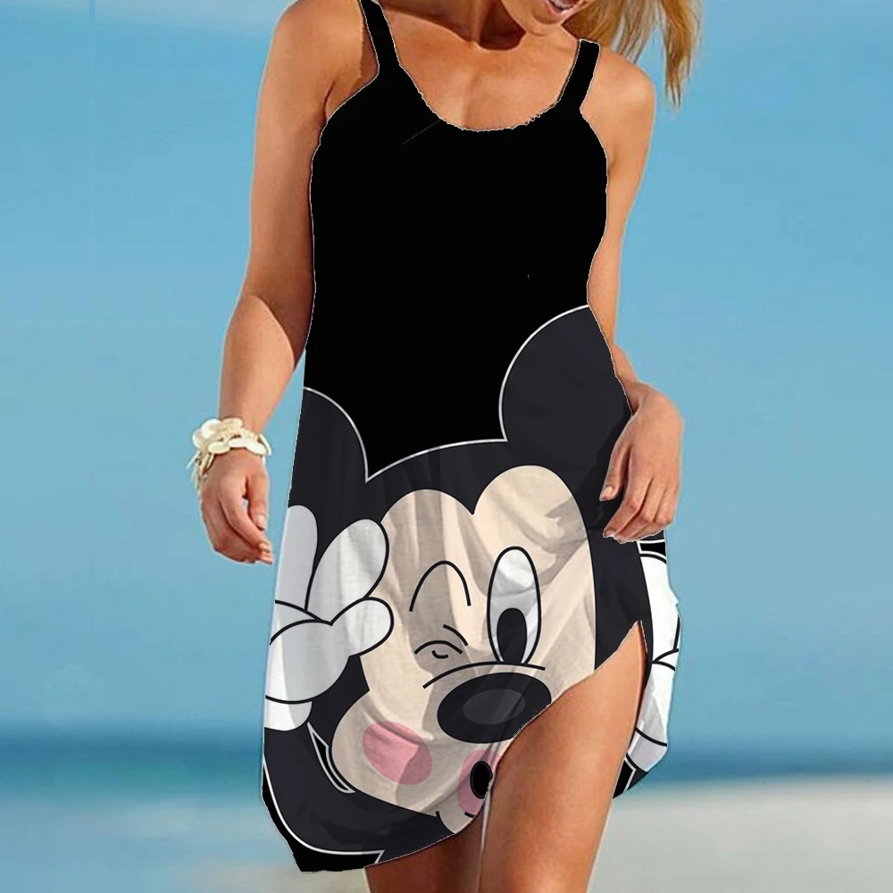 Disney Mickey Minnie Summer 3D Print Cartoon Dresses For Women 2024 Backless Women\'s Beach Dress Cute Sexy Loose Sling Beach