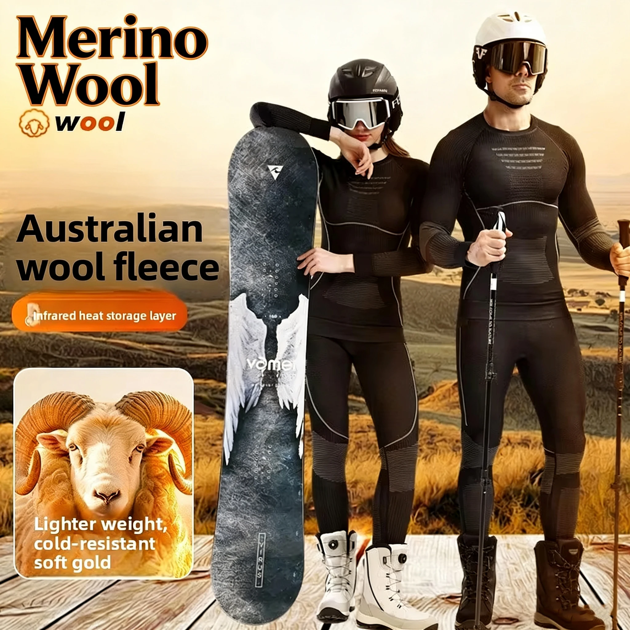 Merino Wool Ski Thermal Underwear Set, Unisex Couples' Style, Winter Outdoor, Quick-Drying, Breathable, Moisture-Wicking Thermal