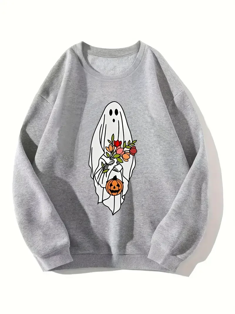 Ghost Print Casual Long-Sleeved Sweatshirt, Pullover Loose Crew Neck Sweatshirt, Winter Clothes Women