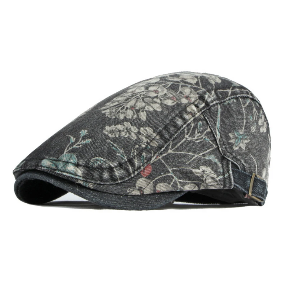Retro washed denim print forward cap - suitable for spring and summer, versatile and adjustable metal snap short brim beret
