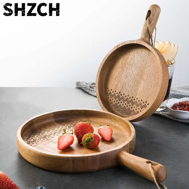 Acacia Wood Round Serving Tray with Handle Wooden Plate Household Fruit Dessert Platter Dinner Food Tray for Kitchen Decor