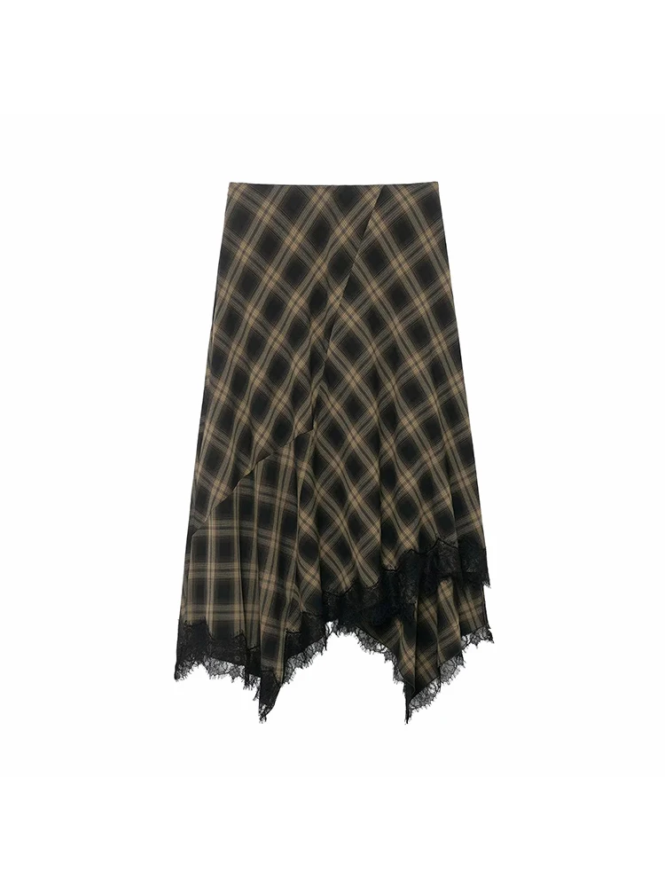 Women New Plaid Lace Long Skirts Loose Pleated Buttons High Waist A-line Female Skirt Autumn Lady Skirts