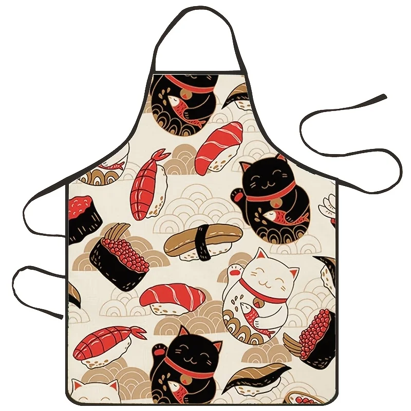 Maneki Neko Sushi Wave Seamless Pattern Waterproof Apron For Japanese Restaurant Family Baking Grilling Asian Culture Present