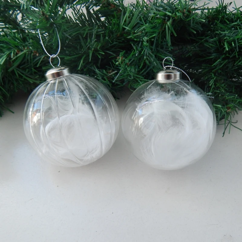 8pcs/pack Diameter=6cm 7cm 8cm 10cm Inner Feather Clear Glass Ball Christmas Day Hanging Pendant Globe Ornament