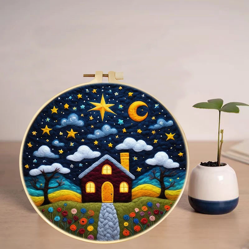 

RUOPOTY Starry Sky House Needle Felt Starter Kits Landscape Wool Felt Painting For Adults Kits With Picture Frame Felting Needle