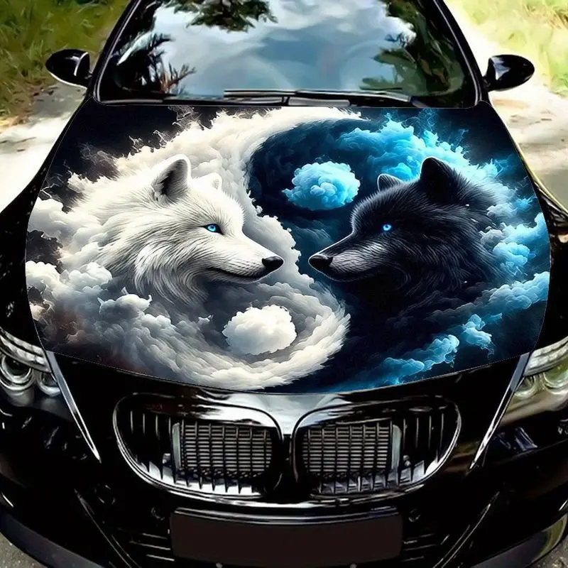 

Наклейка на капот автомобиля с дизайном в виде двойной головы волка в стиле Инь-Ян, изображающая бело-черного волка с ярким синим оттенком.