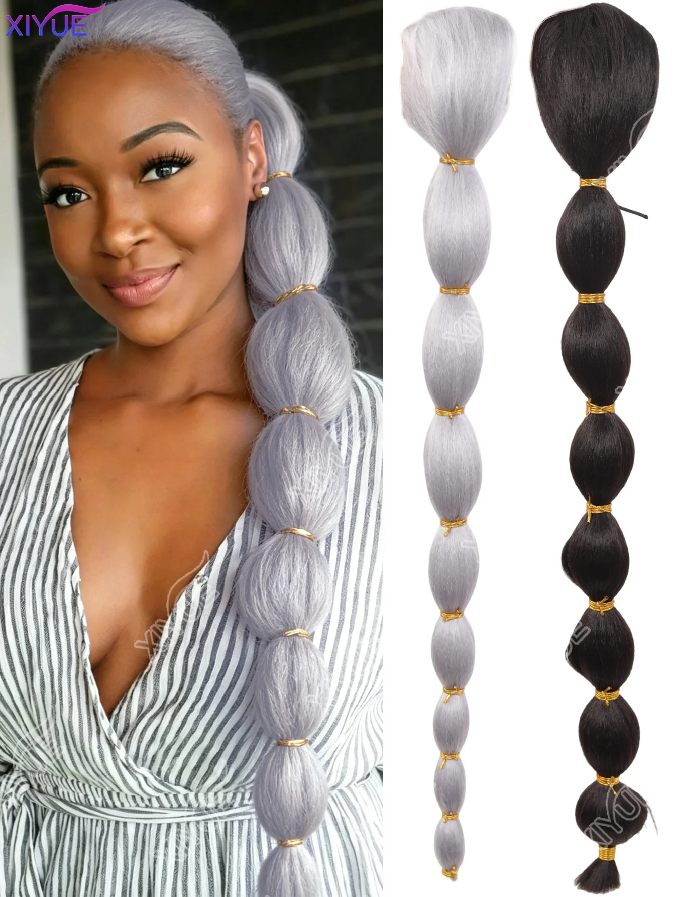 Extensão de Cabelo Sintético Longo Afro Puff Yaki Liso com Trança Lantern Braid e Rabo de Cavalo Bolha, com Cordão e Presilha, para Mulheres Negras