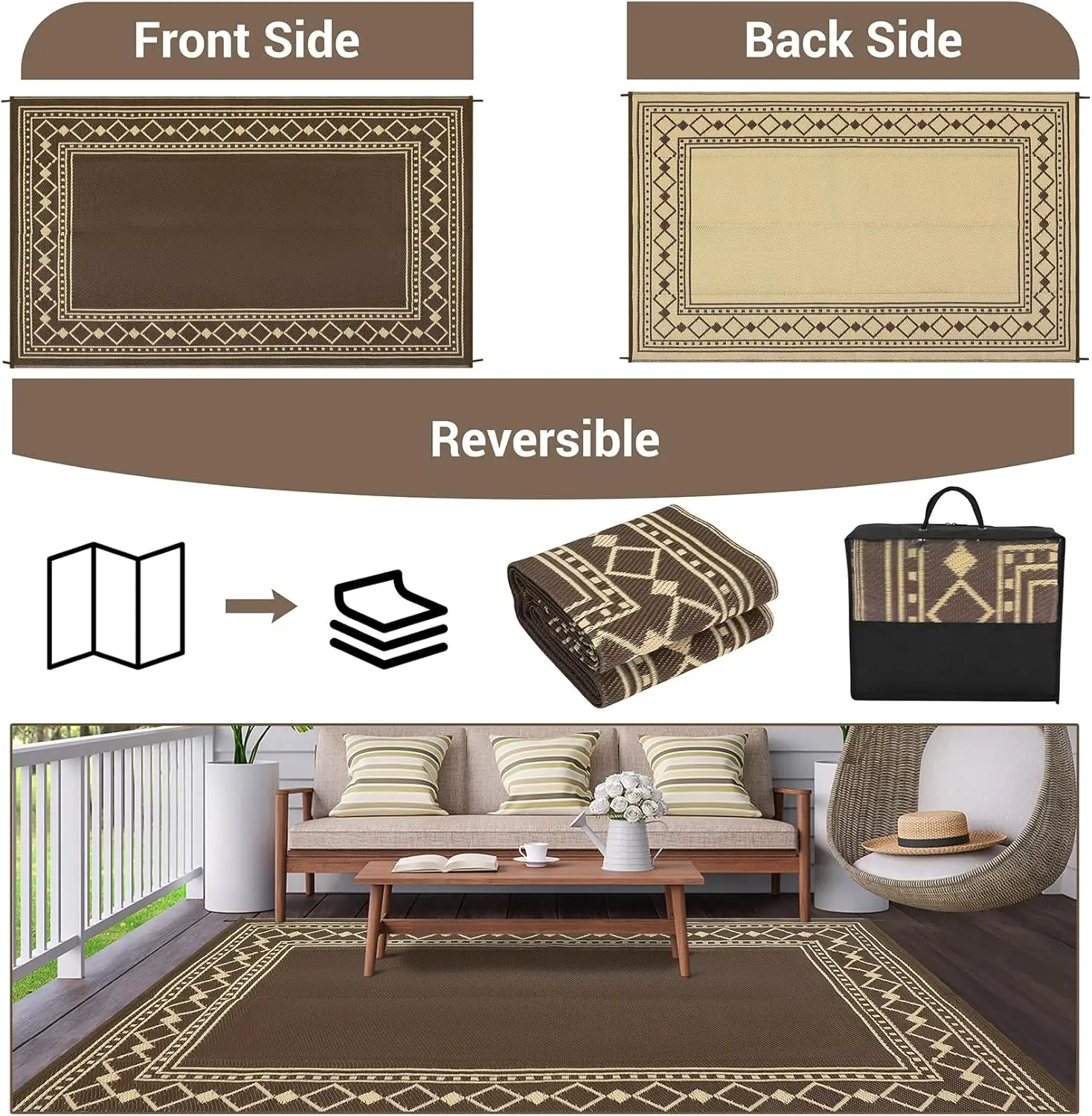 10x20 Reversible Outdoor Rug – Waterproof Plastic Straw Mat, Bordered Geometric Design, Brown/Coffee, for Patio, Porch, Deck, Balcony & RV