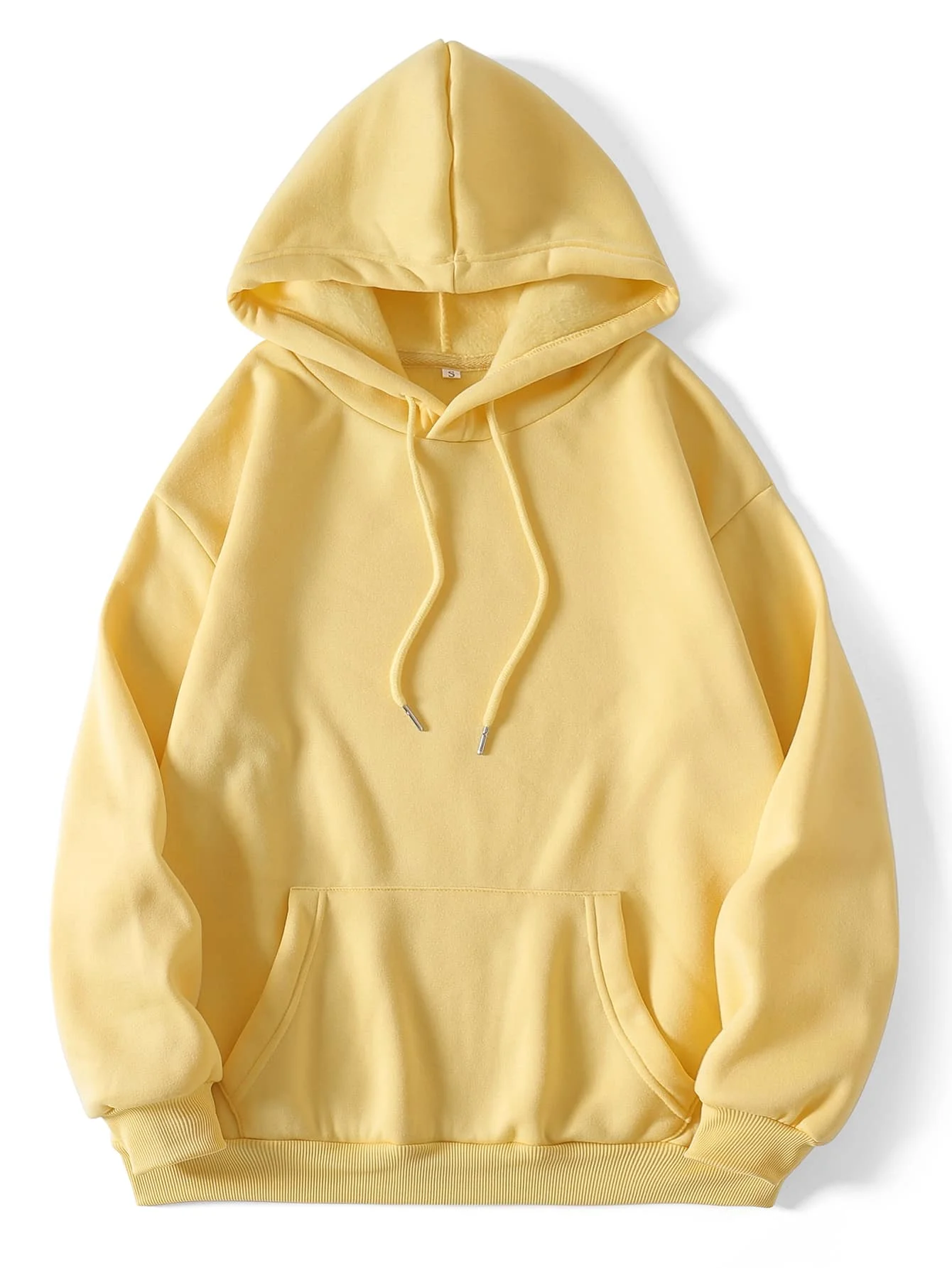 

Solid Yellow Fleece-Lined Hooded Sweatshirt with Kangaroo Pocket